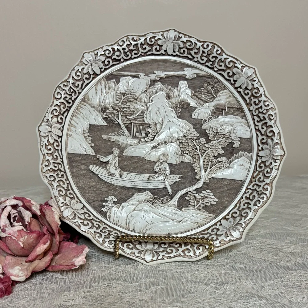 Vintage Asian Plate Ivory Dynasty Carved Art Sculpture Vintage Picture Plate